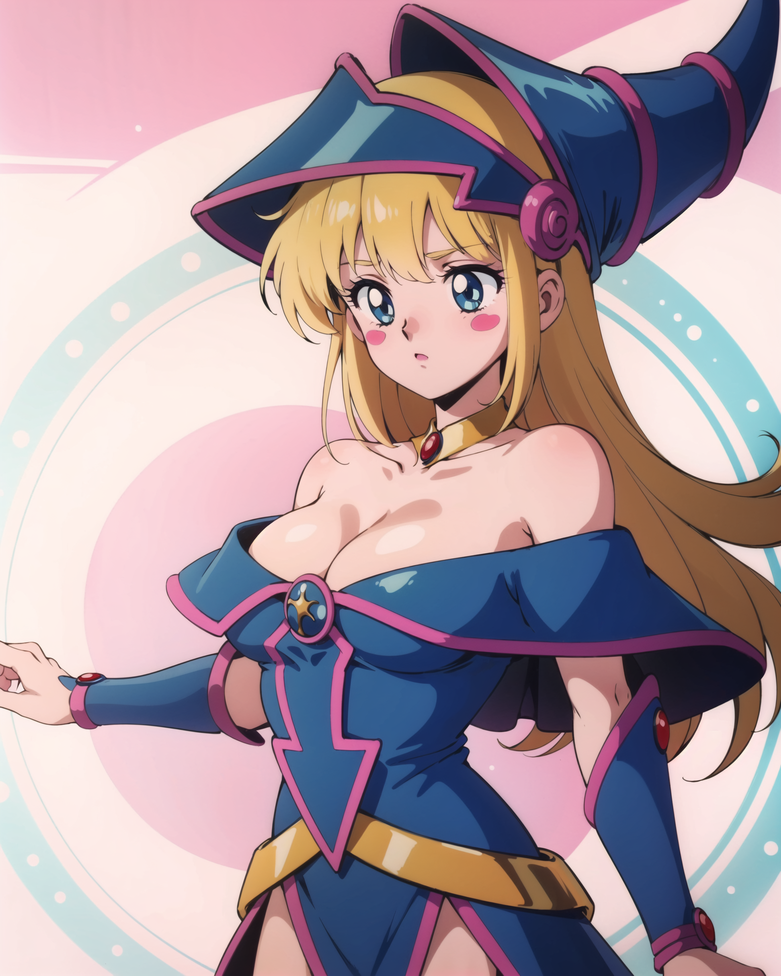 01018-106041028-hmdmg1, wizard hat, blush, blush stickers, cleavage, bare shoulders, dress, off shoulder, , command spell, magic, magic circle,.png